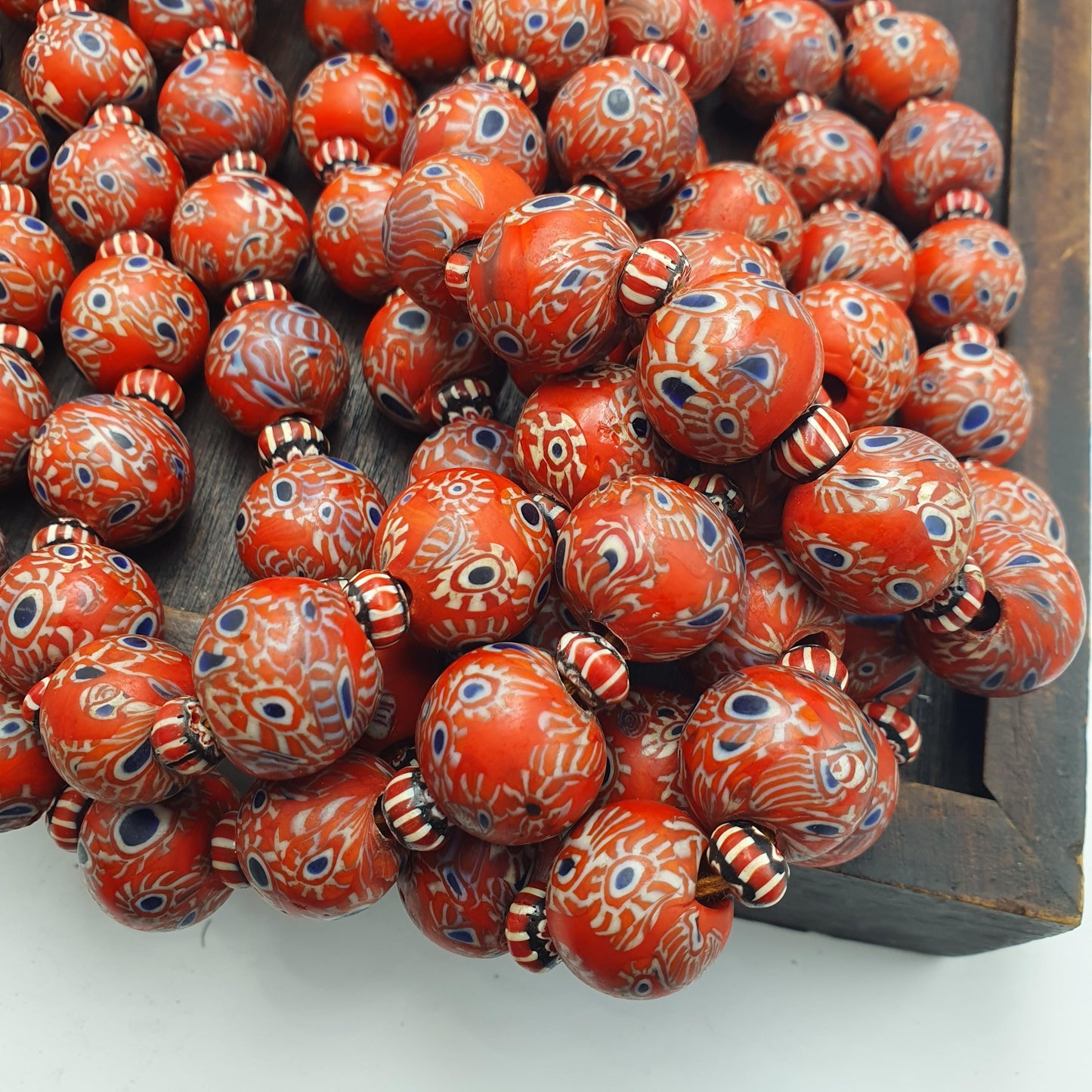Vintage venetian style Red Millefiori and Chevron African Inspired Bead Strand Gift Blue Eyes 17mm Beads