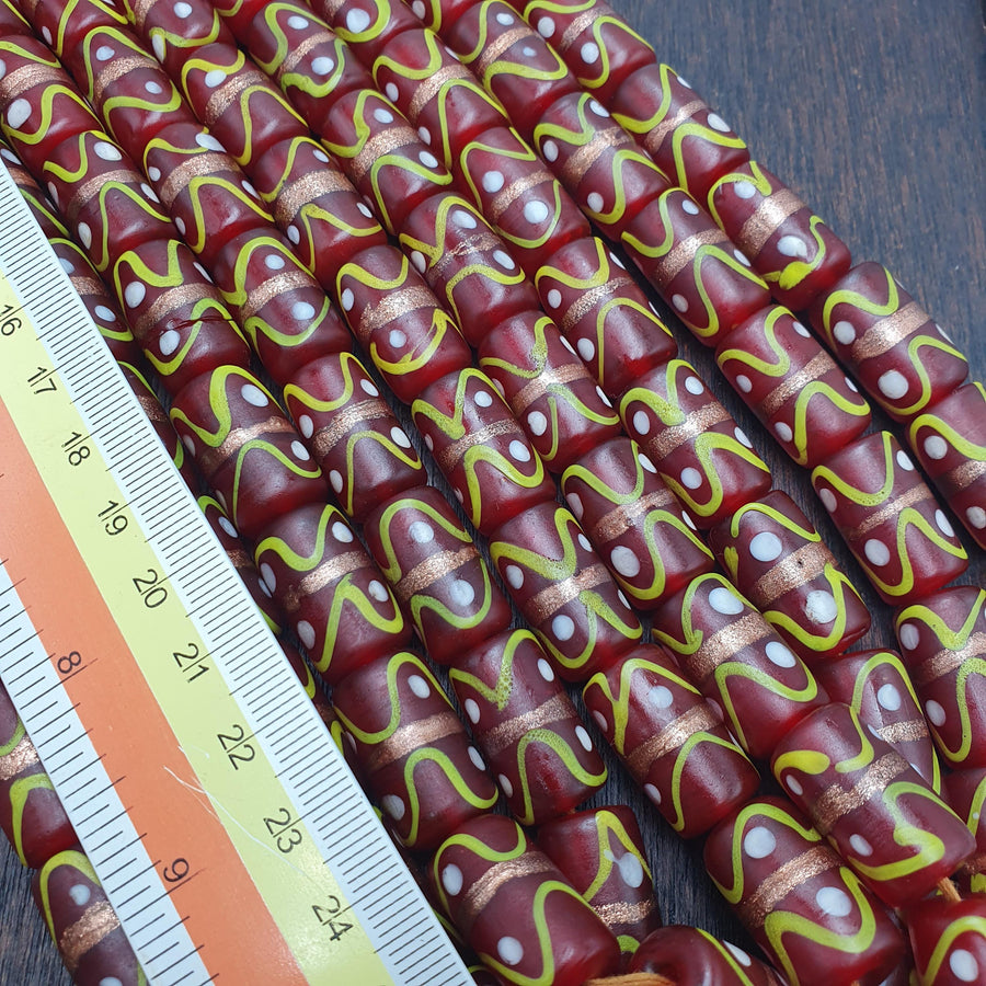 Red Wedding Cake, Vintage Venetian Inspired Lampwork Strand | Glass | 24 Inch, 11.9X21Mm, Deep Red Swirl
