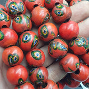 Venetian Inspired Bead Strand, Vintage Venetian Millefiori Beads | 18mm, 22 Inch - Red-Orange With Blue Eye Motifs