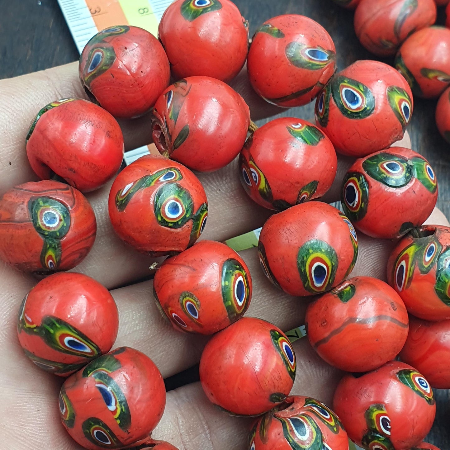 Vintage venetian style orange Red Millefiori  Inspired Bead Strand Gift green Eyes 18mm Beads