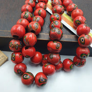 Venetian Inspired Bead Strand, Vintage Venetian Millefiori Beads | 18mm, 22 Inch - Red-Orange With Blue Eye Motifs