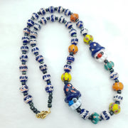 Rare Venetian Style Chevron  Bead Necklace with Glass Clown Face Beads - Blue Murano Millefiori Zig Zag Beads - Collectible Artisan Jewelry