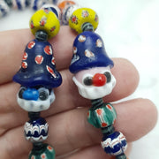 Rare Venetian Style Chevron  Bead Necklace with Glass Clown Face Beads - Blue Murano Millefiori Zig Zag Beads - Collectible Artisan Jewelry