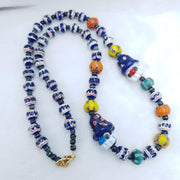 Rare Venetian Style Chevron  Bead Necklace with Glass Clown Face Beads - Blue Murano Millefiori Zig Zag Beads - Collectible Artisan Jewelry