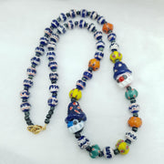 Rare Venetian Style Chevron  Bead Necklace with Glass Clown Face Beads - Blue Murano Millefiori Zig Zag Beads - Collectible Artisan Jewelry