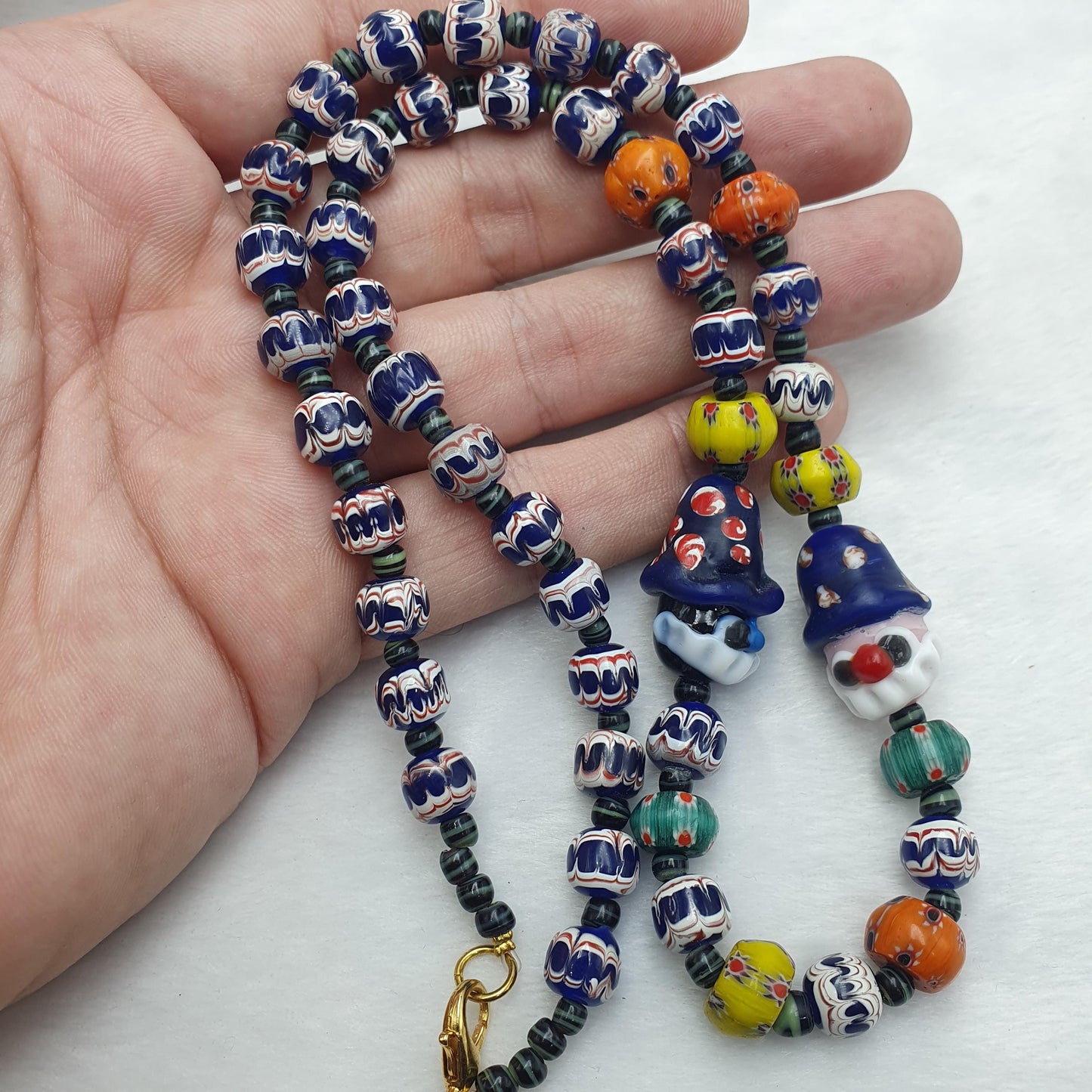 Rare Venetian Style Chevron  Bead Necklace with Glass Clown Face Beads - Blue Murano Millefiori Zig Zag Beads - Collectible Artisan Jewelry
