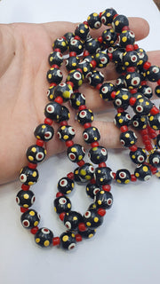 Black Venetian Style, Hundred Red Eyes Necklace | Glass Trade | 10mm Diameter, 20 Inches Long