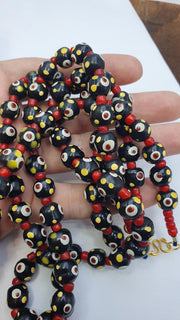 Black Venetian Style, Hundred Red Eyes Necklace | Glass Trade | 10mm Diameter, 20 Inches Long