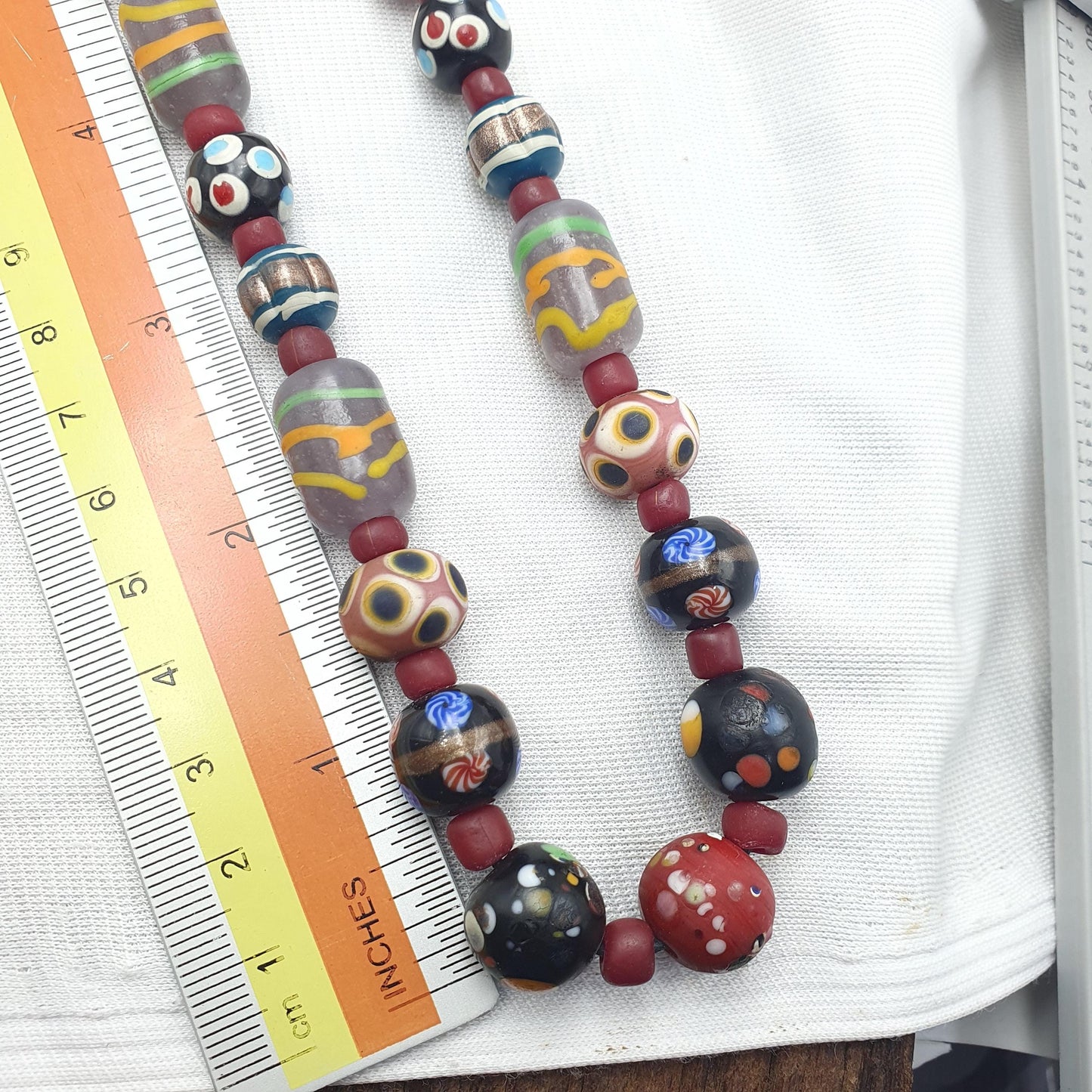 Venetian Style Mix Pattern Beads Necklace, 22 Inches Long, Handmade Vintage Glass Skunk Beads, Statement Jewelry, Unique Beaded Necklace