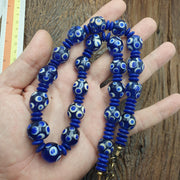 Venetian Style Blue, Boho Skunk Necklace | Glass Beads | 14Mm, 22 Inches, Vintage Whiteheart Accents, Polka Dot