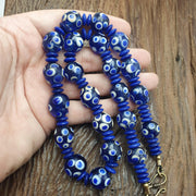 Venetian Style Blue, Boho Skunk Necklace | Glass Beads | 14Mm, 22 Inches, Vintage Whiteheart Accents, Polka Dot
