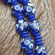 Venetian Style Blue, Boho Skunk Necklace | Glass Beads | 14Mm, 22 Inches, Vintage Whiteheart Accents, Polka Dot