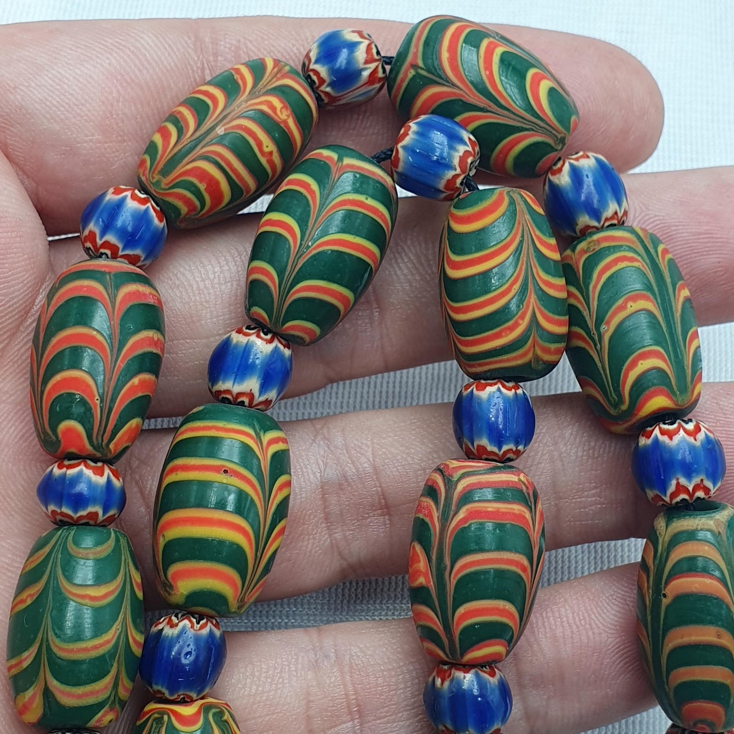 Vintage beads collection feather and Chevron pattern glass beads necklace Gift