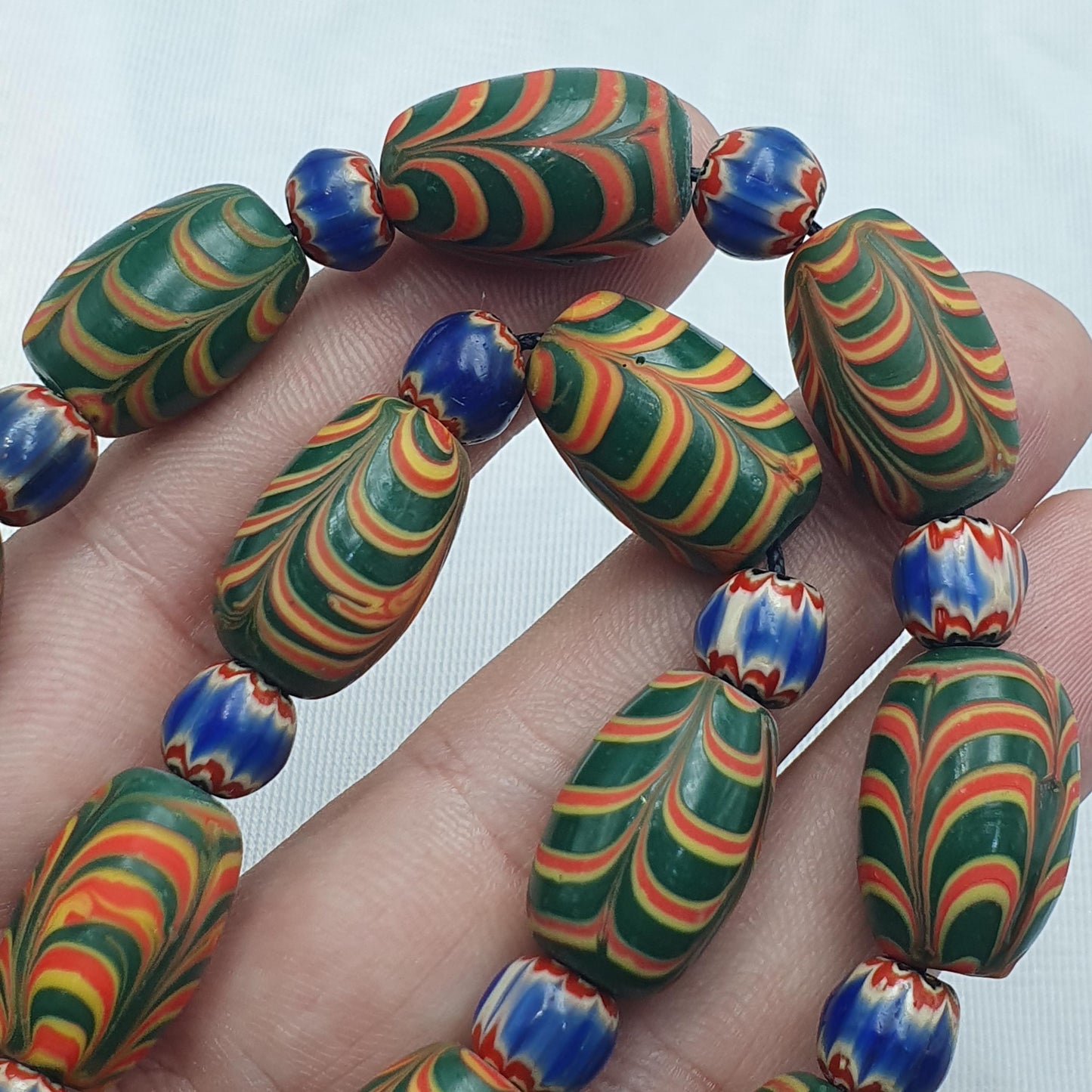 Vintage beads collection feather and Chevron pattern glass beads necklace Gift