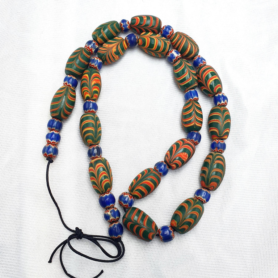 Vintage beads collection feather and Chevron pattern glass beads necklace .