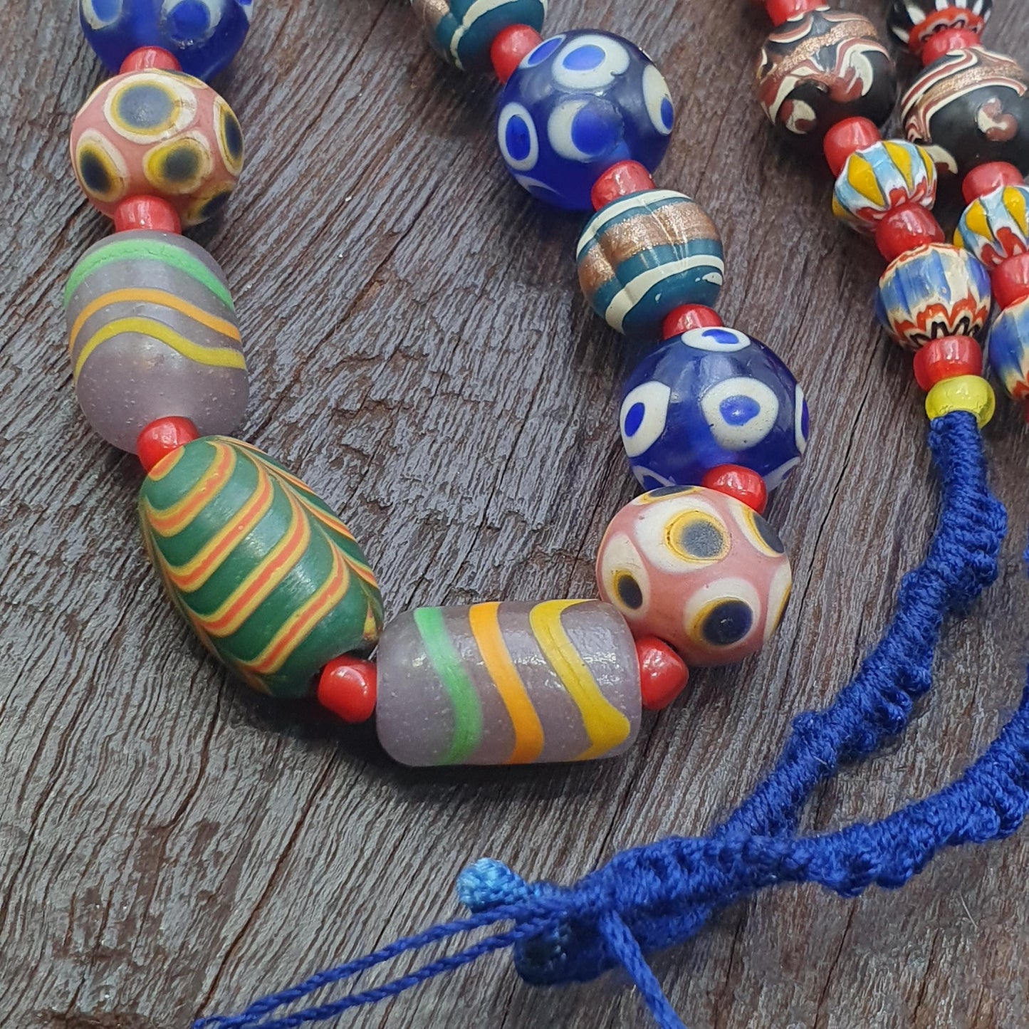 Venetian Style Mix Pattern Beads Necklace, 26 Inches Long, Handmade Vintage Glass Skunk Beads, Statement Jewelry, Unique Beaded Necklace