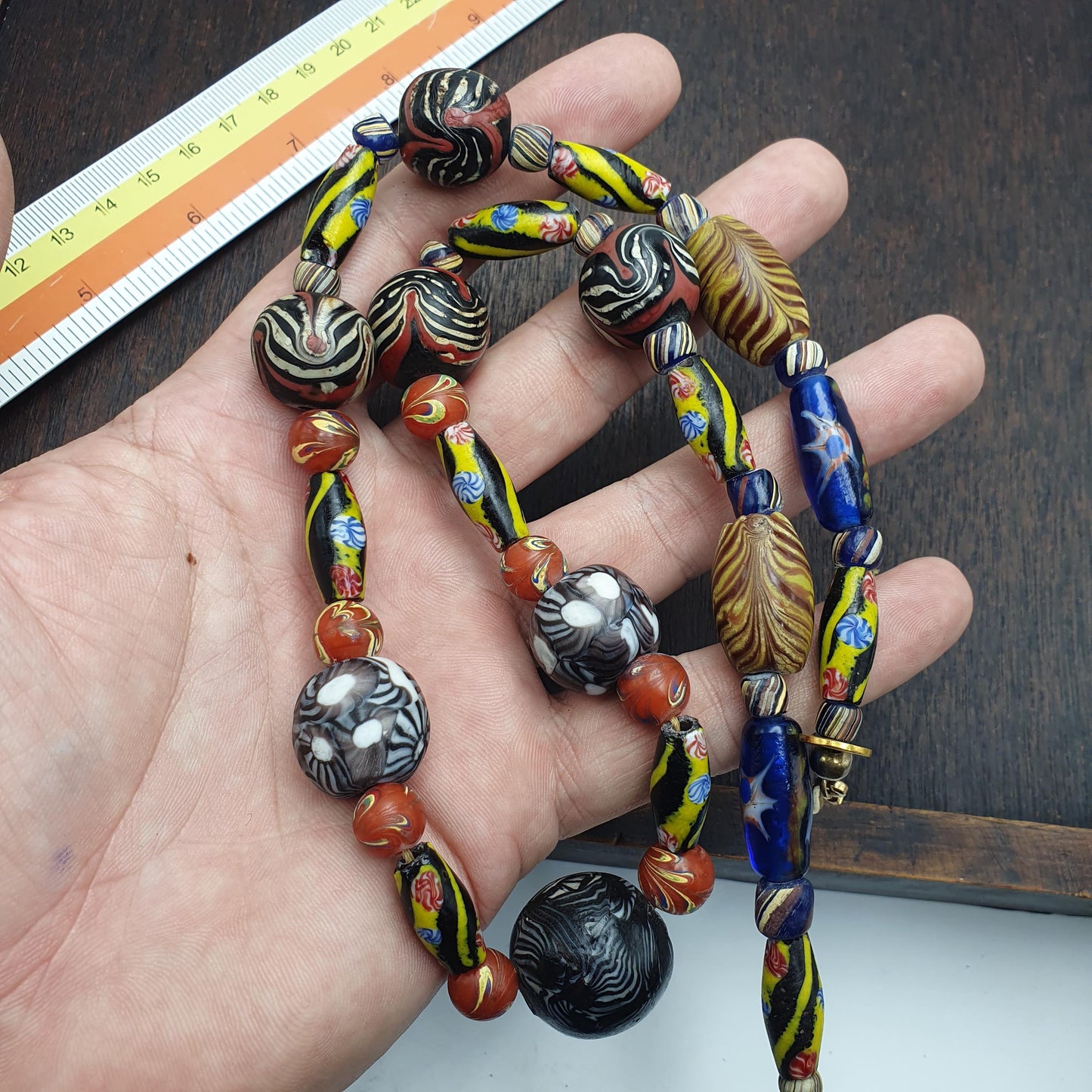 Vintage fancy Feather venetian African style trade beads Necklace | 22 inches long strand