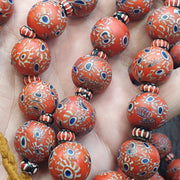 Large Red Millefiori Glass Bead Strand, African Style Round Blue Eye Accents, 16-17mm - Vintage Handmade