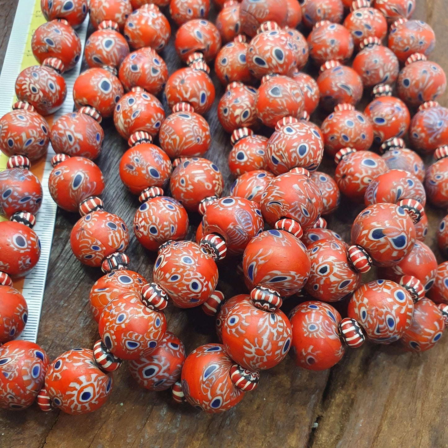 Large Red Millefiori Inspired Round Blue Eye Glass Beads African Style Strand, Handmade Vintage Beads, Beaded Necklace Jewelry Gift