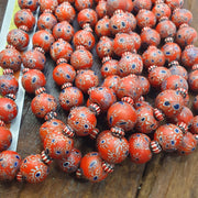 Large Red Millefiori Glass Bead Strand, African Style Round Blue Eye Accents, 16-17mm - Vintage Handmade