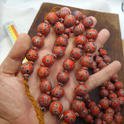 Large Red Millefiori Glass Bead Strand, African Style Round Blue Eye Accents, 16-17mm - Vintage Handmade