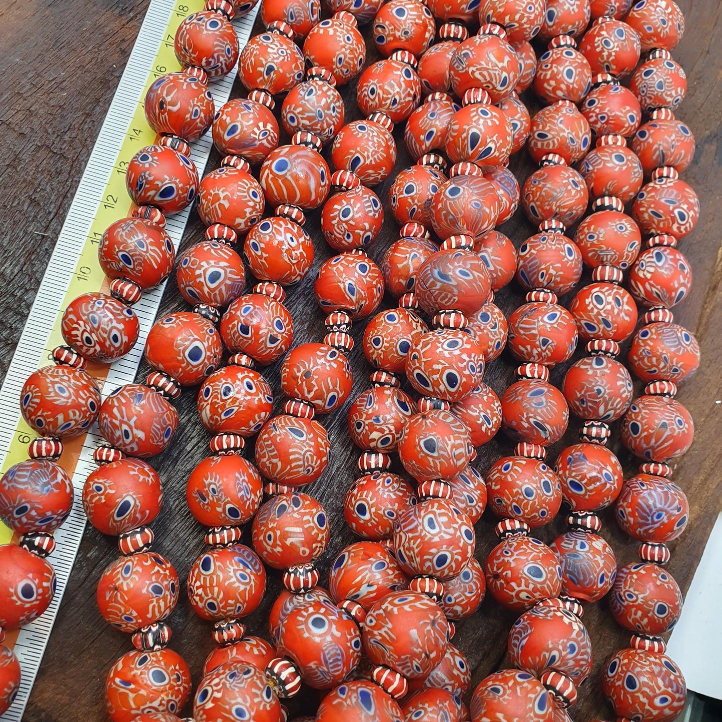 Large Red Millefiori Inspired Round Blue Eye Glass Beads African Style Strand, Handmade Vintage Beads, Beaded Necklace Jewelry Gift