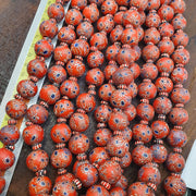 Large Red Millefiori Glass Bead Strand, African Style Round Blue Eye Accents, 16-17mm - Vintage Handmade