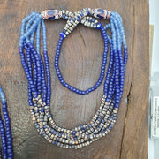 Blue African Trade Seed Beads Multi-Color Striped Strands Glass Feather Beads 25" long necklace