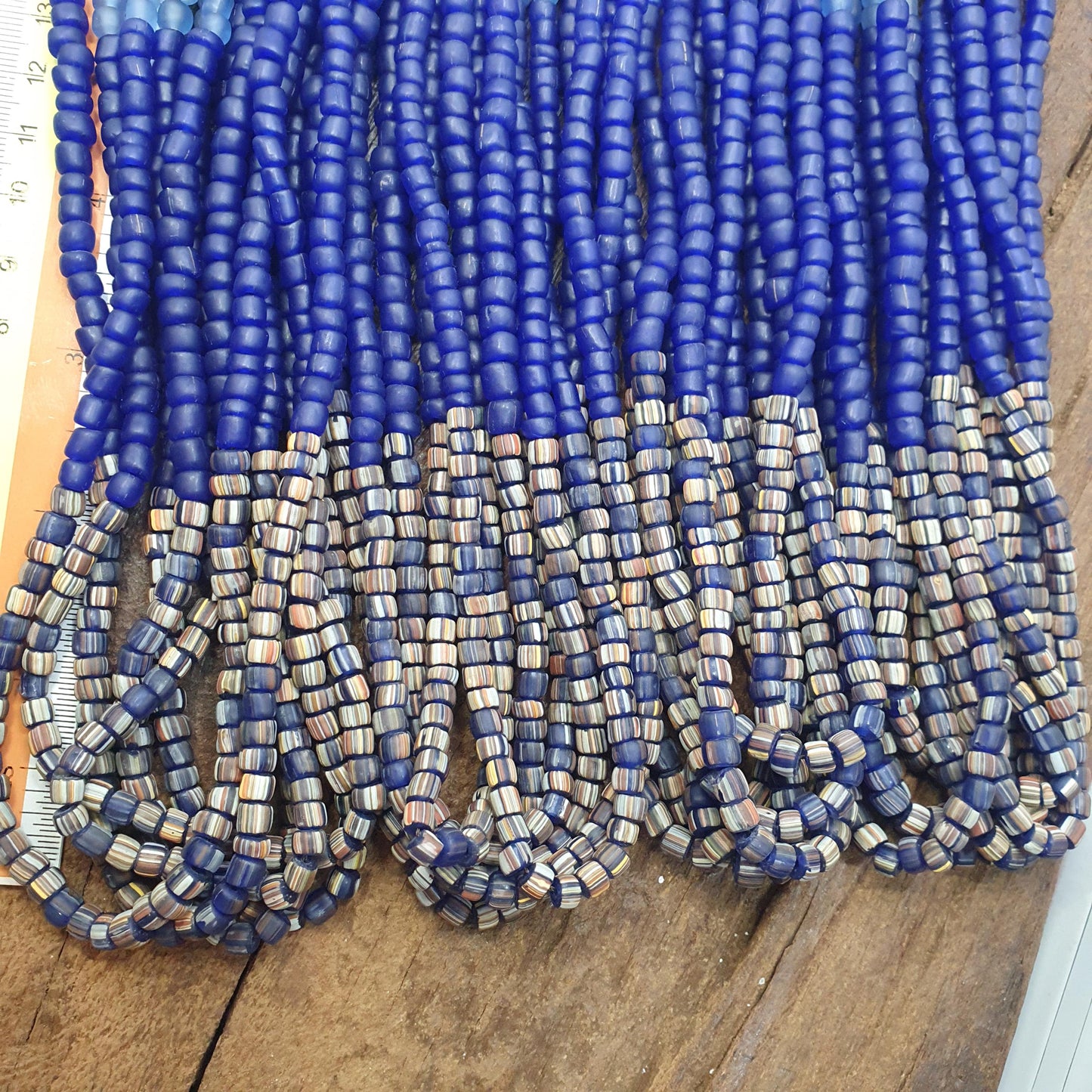 Blue African Trade Seed Beads Multi-Color Striped Strands Glass Feather Beads 25" long necklace