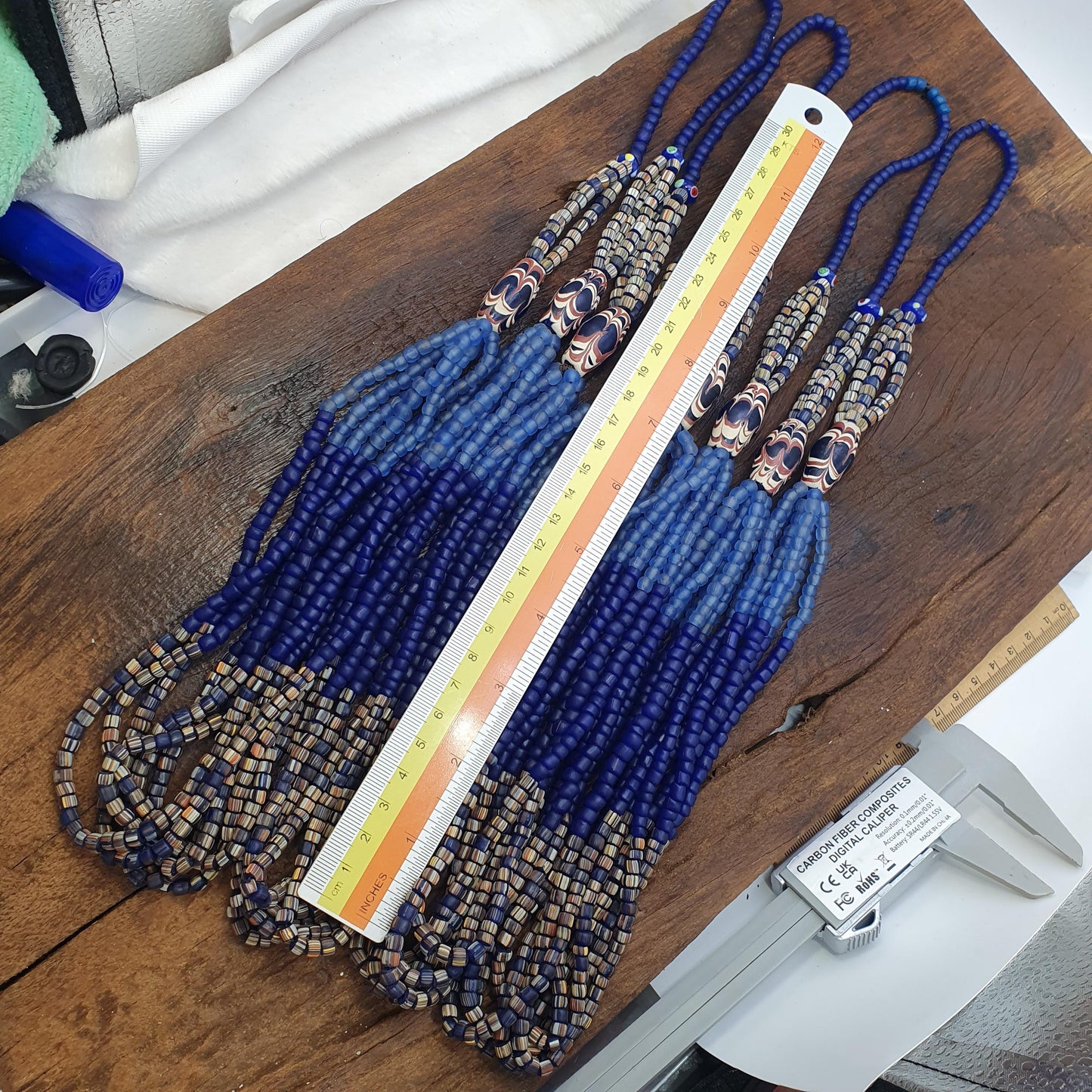 Blue African Trade Seed Beads Multi-Color Striped Strands Glass Feather Beads 25" long necklace