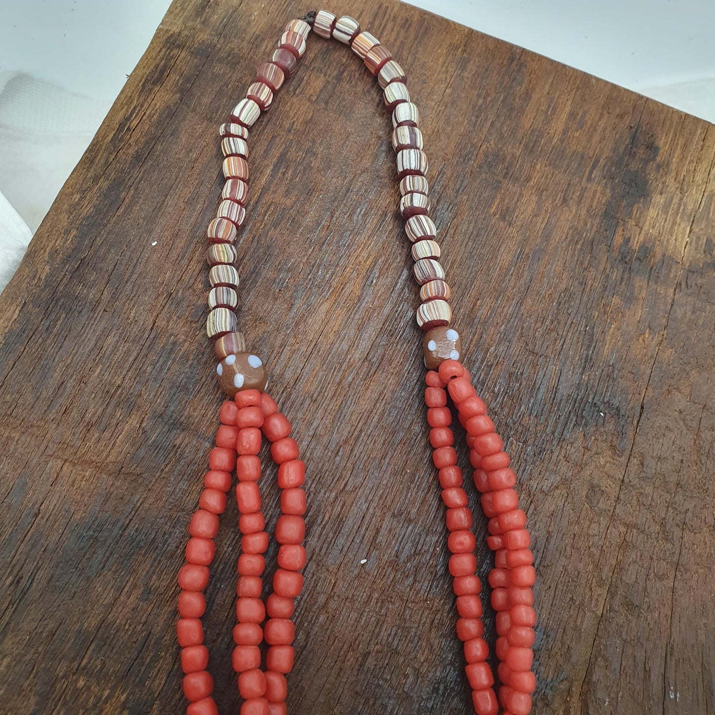 Red African Trade Seed Beads Multi-Color Striped Strands Glass Feather Beads 25" long necklace
