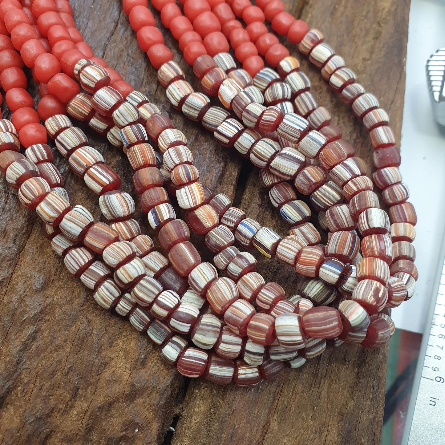 Red African Trade Seed Beads Multi-Color Striped Strands Glass Feather Beads 25" long necklace