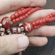 Red African Trade Seed Beads Multi-Color Striped Strands Glass Feather Beads 25" long necklace