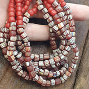 Red African Trade Seed Beads Multi-Color Striped Strands Glass Feather Beads 25" long necklace