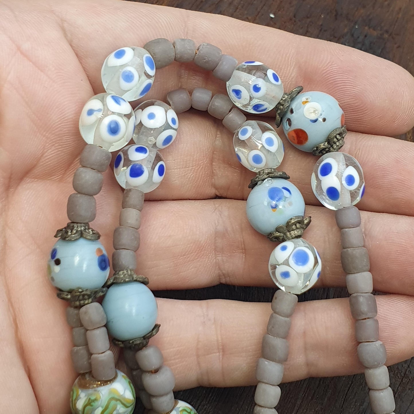 Vintage Grey Eye Bead Necklace ventian Style Glass Yellow Bicone 25 inches long