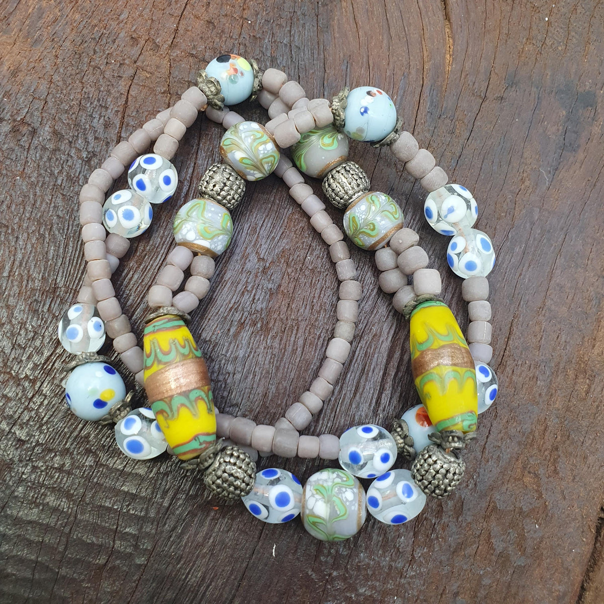 Vintage Grey Eye Bead Necklace ventian Style Glass Yellow Bicone 25 inches long