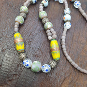 Vintage Grey Eye Bead Necklace ventian Style Glass Yellow Bicone 25 inches long