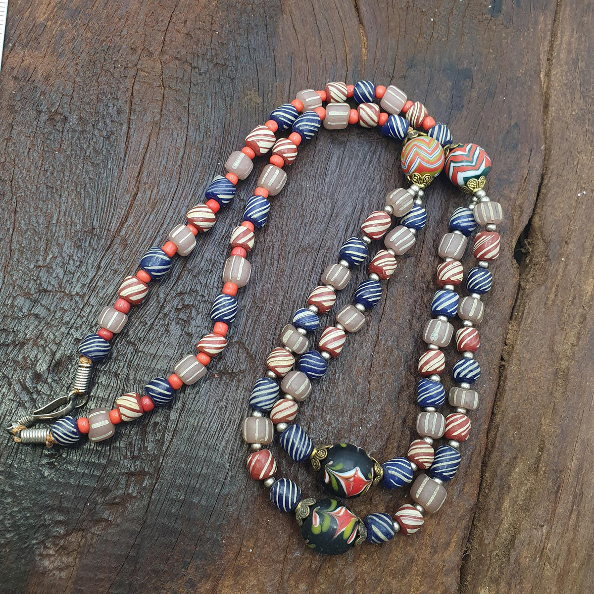 Vintage Striped Glass Trade Bead Necklace Multi-Strand with Patterned Focal Beads