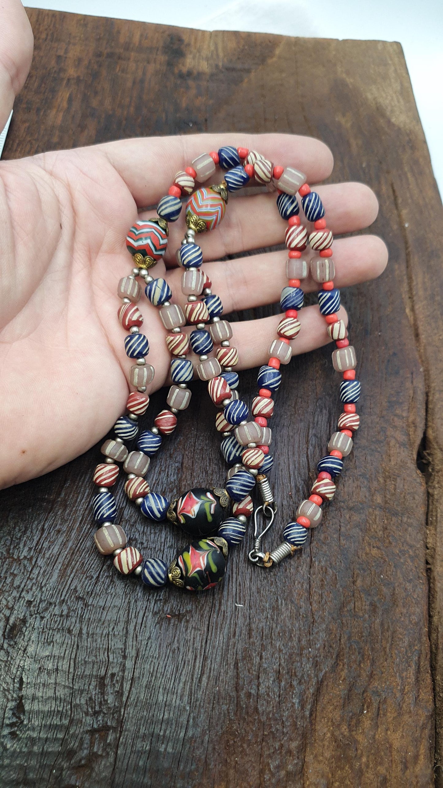 Vintage Striped Glass Trade Bead Necklace Multi-Strand with Patterned Focal Beads