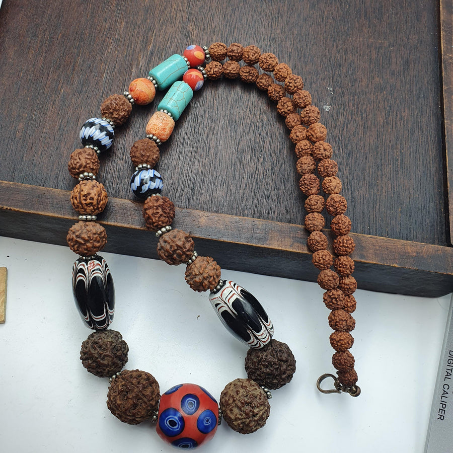 Rudraksha Seed Mala Necklace Evil Eye Glass Beads Turquoise Boho Tribal Ethnic 266 inches long mala