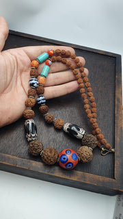 Rudraksha Seed Mala Necklace Evil Eye Glass Beads Turquoise Boho Tribal Ethnic 266 inches long mala