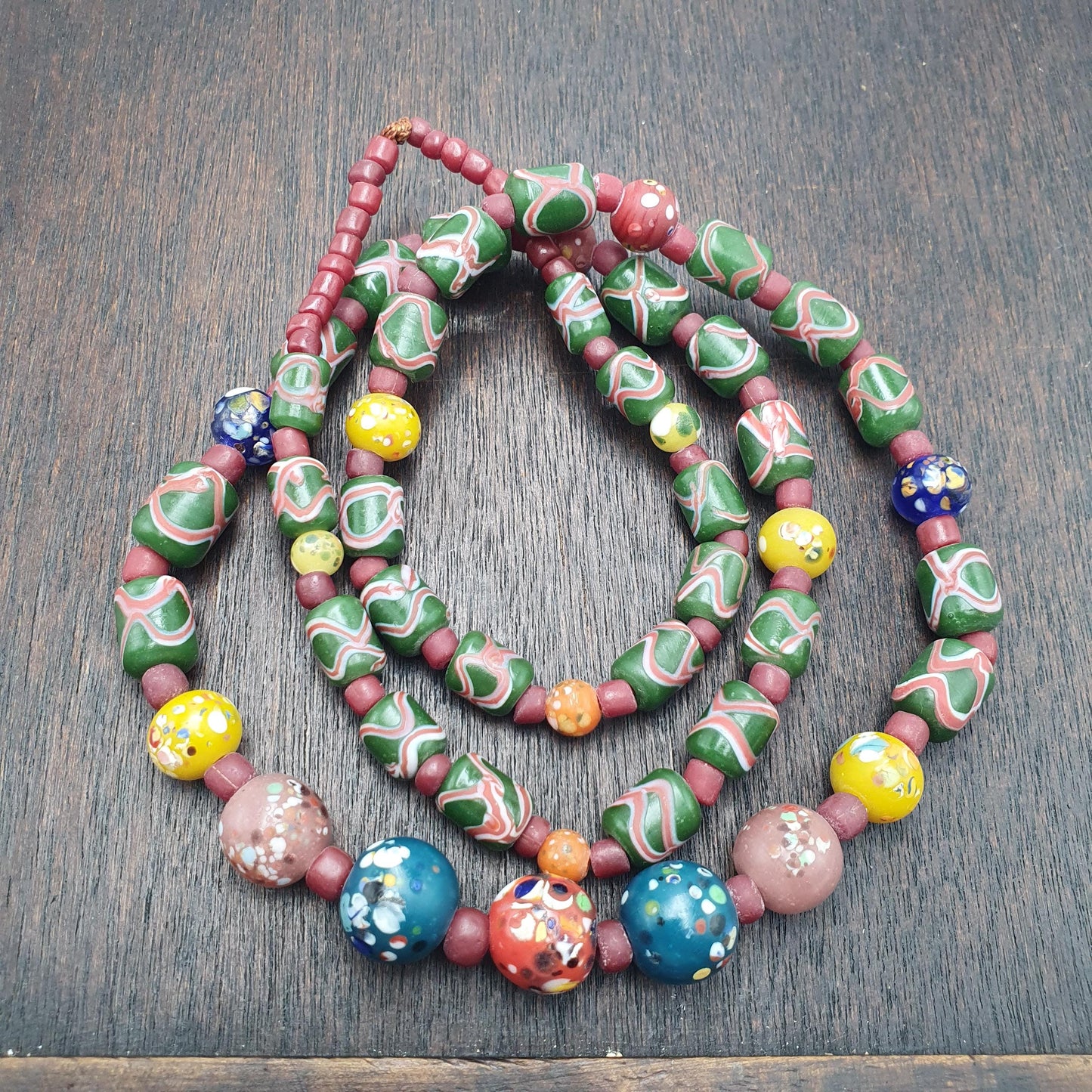 Antique Style African Glass Beads Strand Multi Color Millefiori Tribal Necklace, Green Chevron Beads
