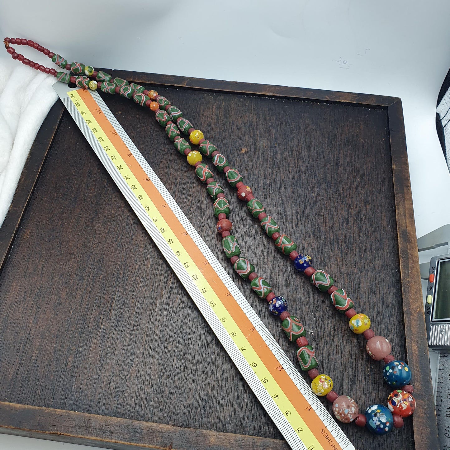 Antique Style African Glass Beads Strand Multi Color Millefiori Tribal Necklace, Green Chevron Beads