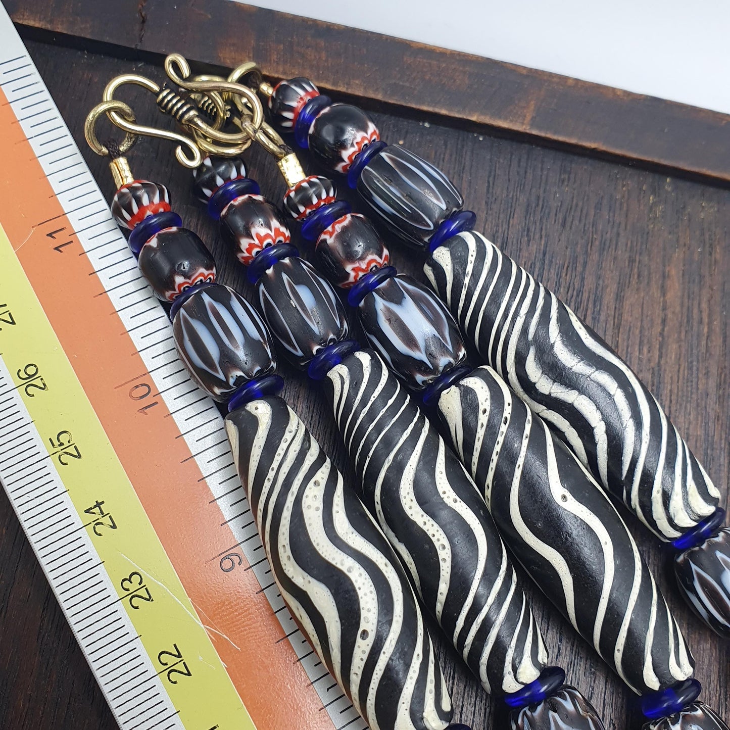 Venetian Style Glass Trade Bead Necklace Black White Swirl Feathered Tribal Boho Black Chevron Beads