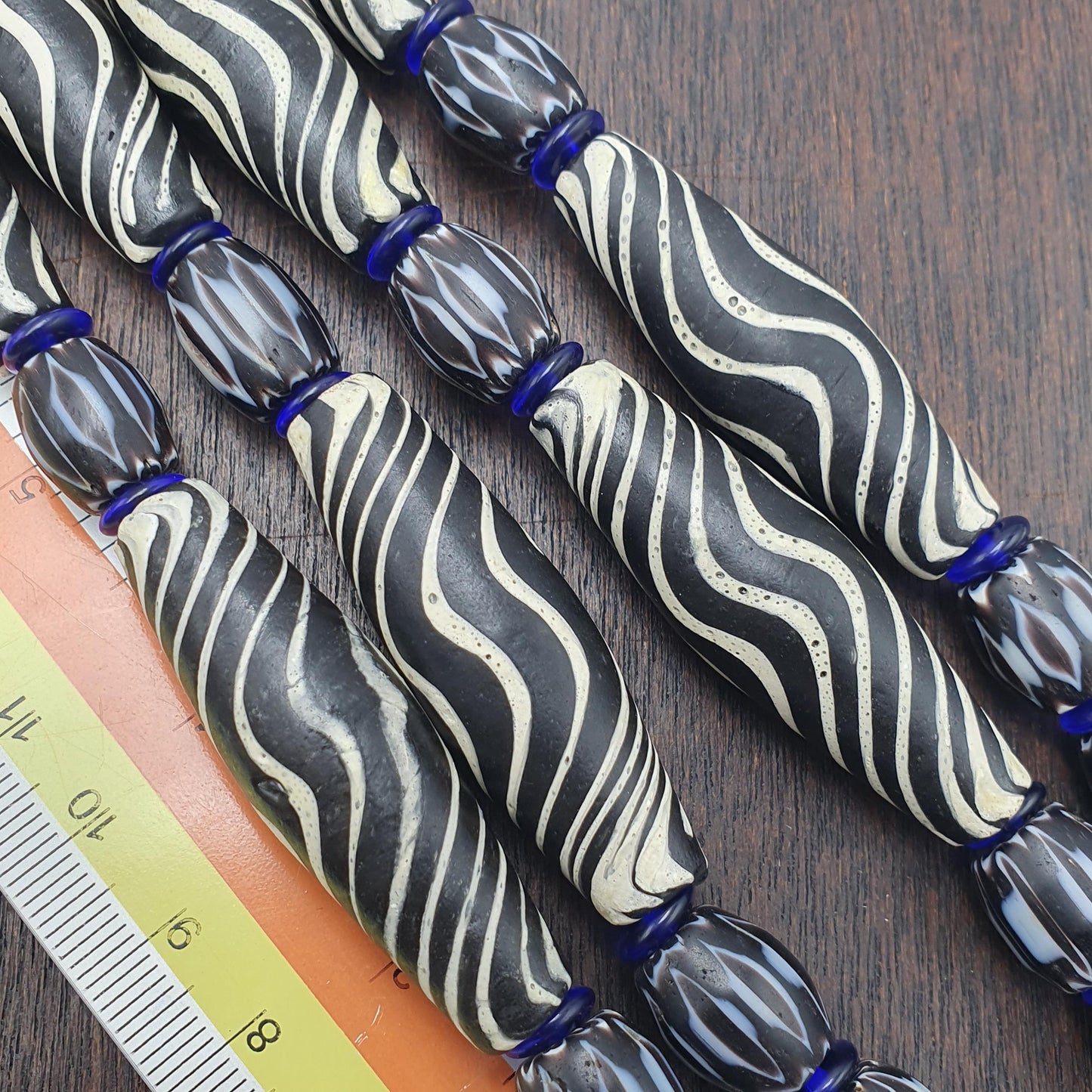 Venetian Style Glass Trade Bead Necklace Black White Swirl Feathered Tribal Boho Black Chevron Beads