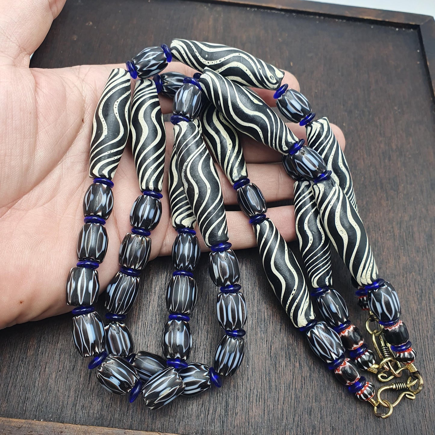 Venetian Style Glass Trade Bead Necklace Black White Swirl Feathered Tribal Boho Black Chevron Beads