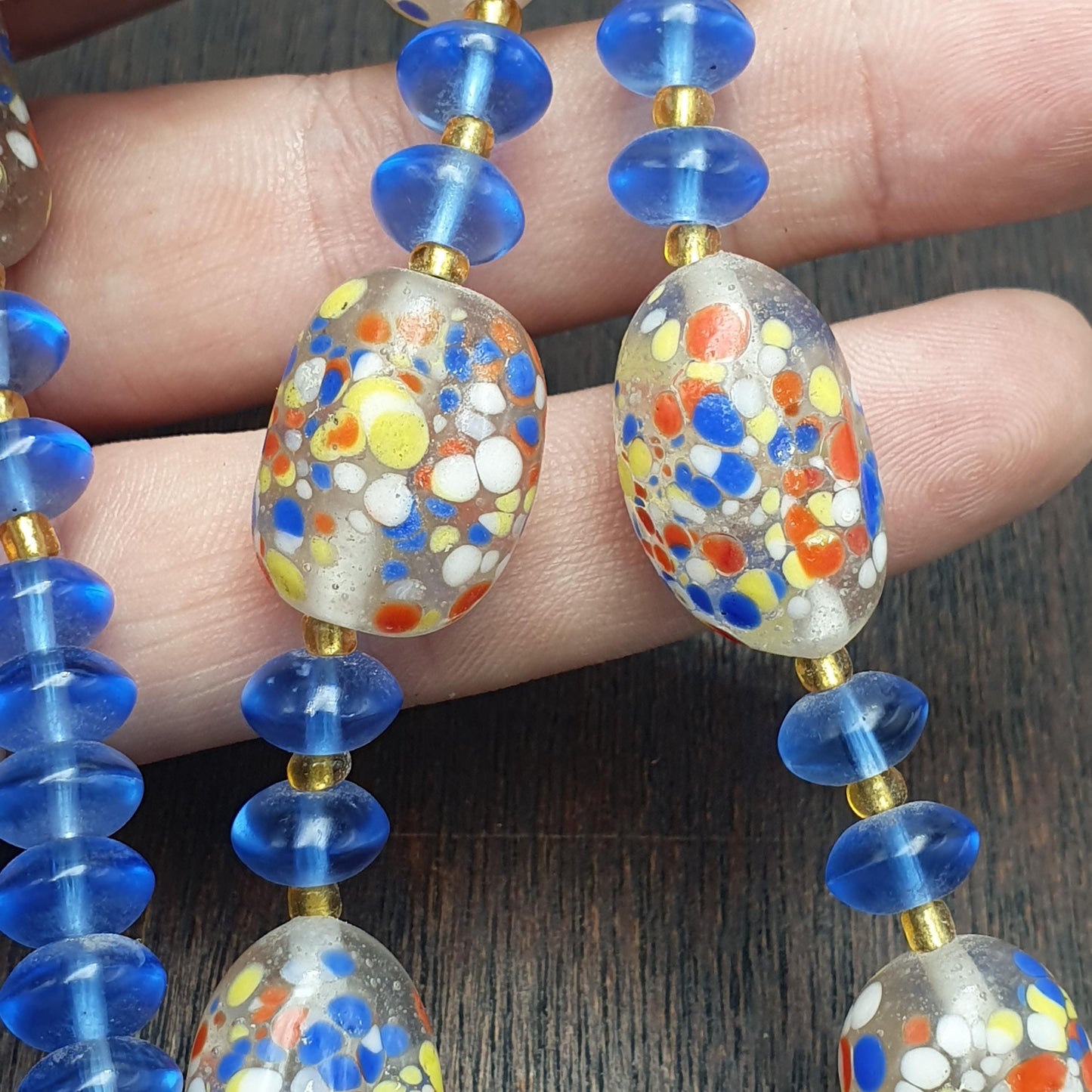 Vintage Venetian Style Glass Confetti Bead Necklace Blue Translucent Spacers Boho Art