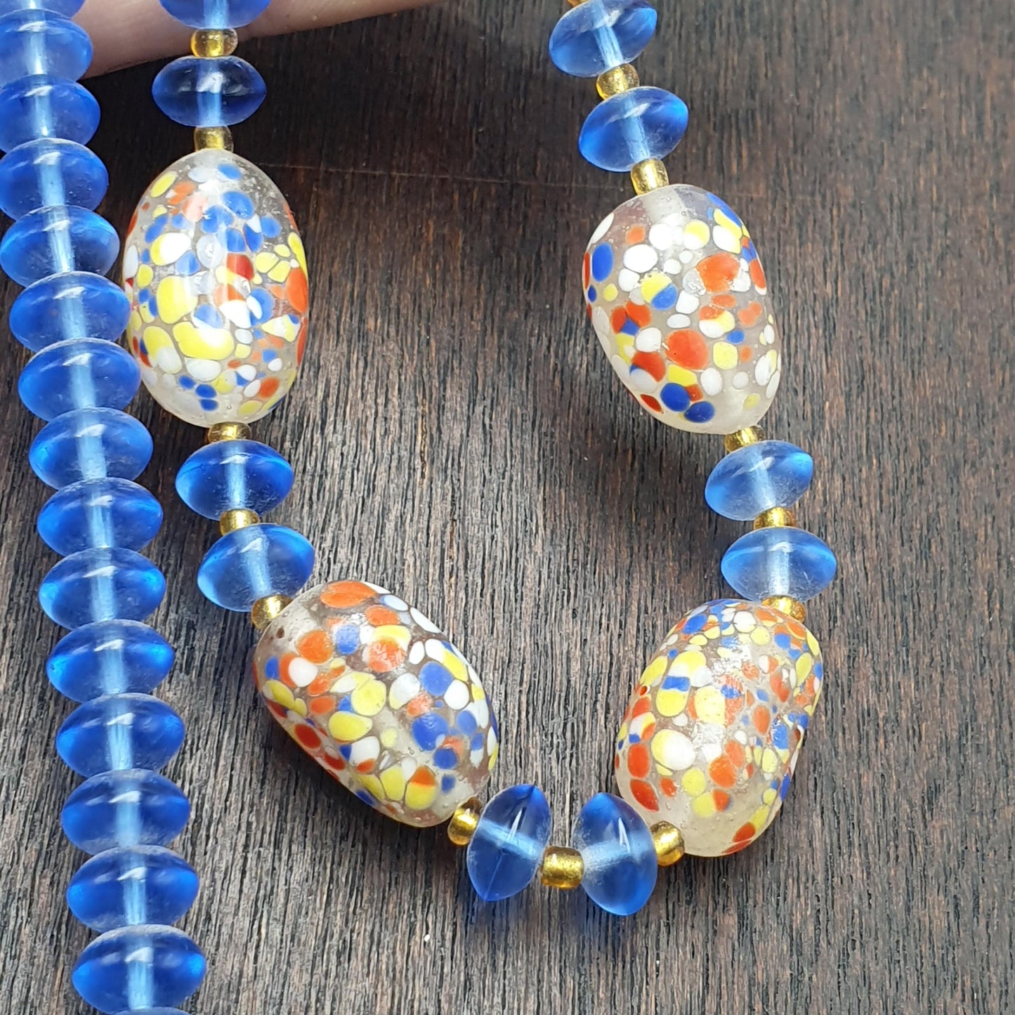 Vintage Venetian Style Glass Confetti Bead Necklace Blue Translucent Spacers Boho Art