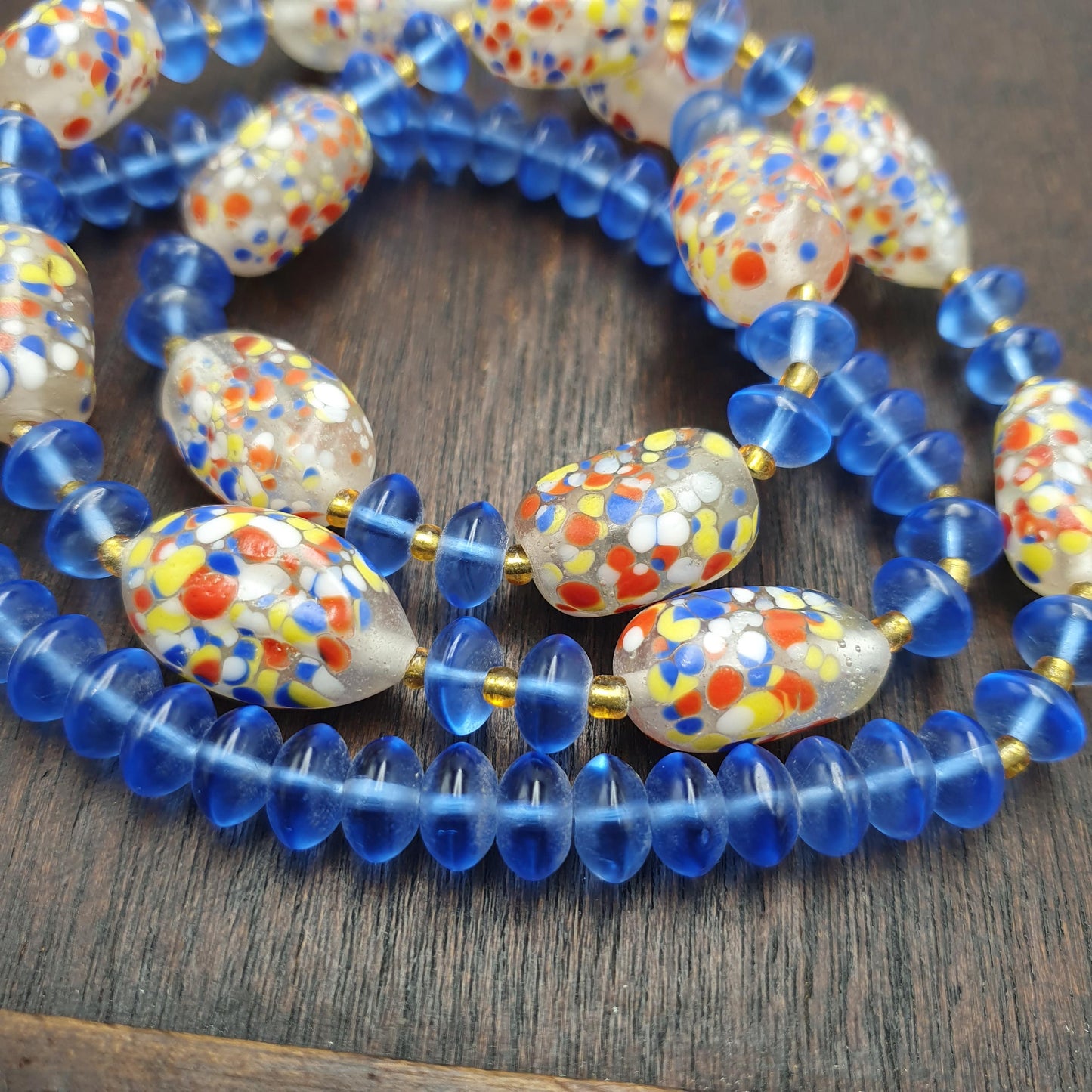 Vintage Venetian Style Glass Confetti Bead Necklace Blue Translucent Spacers Boho Art
