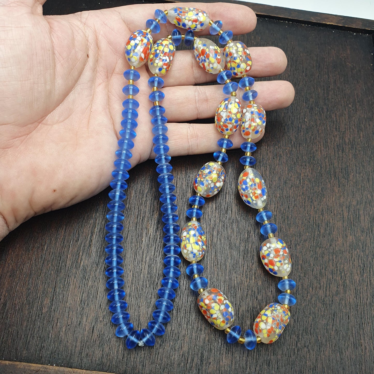 Vintage Venetian Style Glass Confetti Bead Necklace Blue Translucent Spacers Boho Art